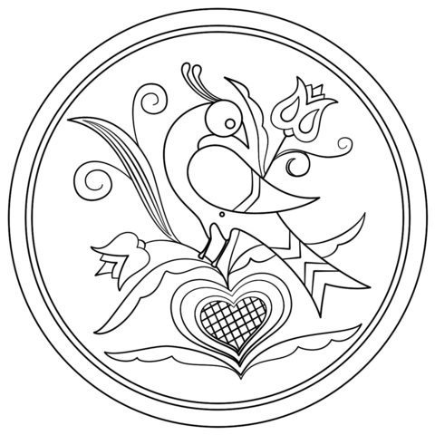 Hex Sign With Decorative Bird Coloring Page